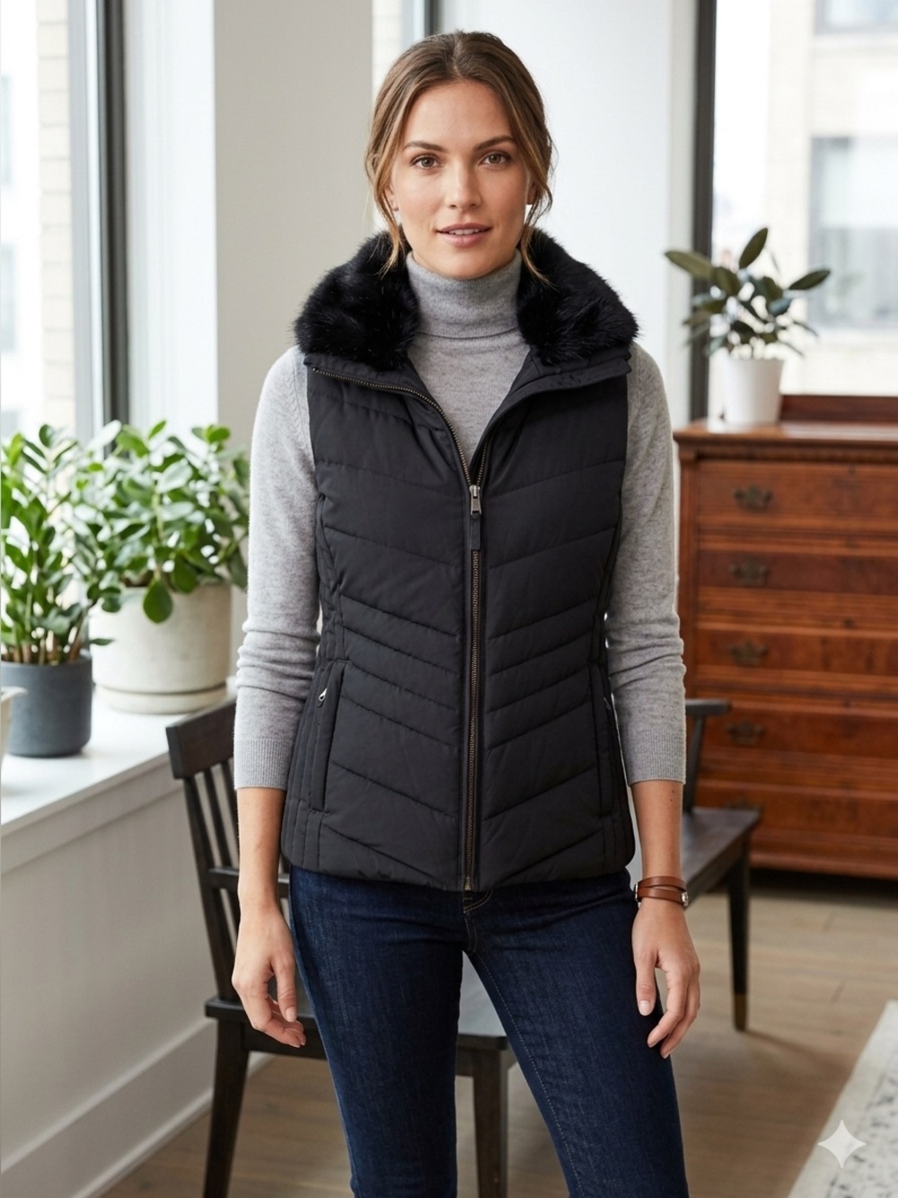 Talbots Black Down Filled Quilted Vest with Removable Faux Fur Collar Size LP